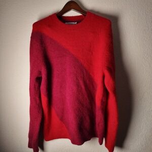 Calvin‎ Klein Mixed Material Knit Sweater Red Pink Crew Neck Long Sleeve Women M
